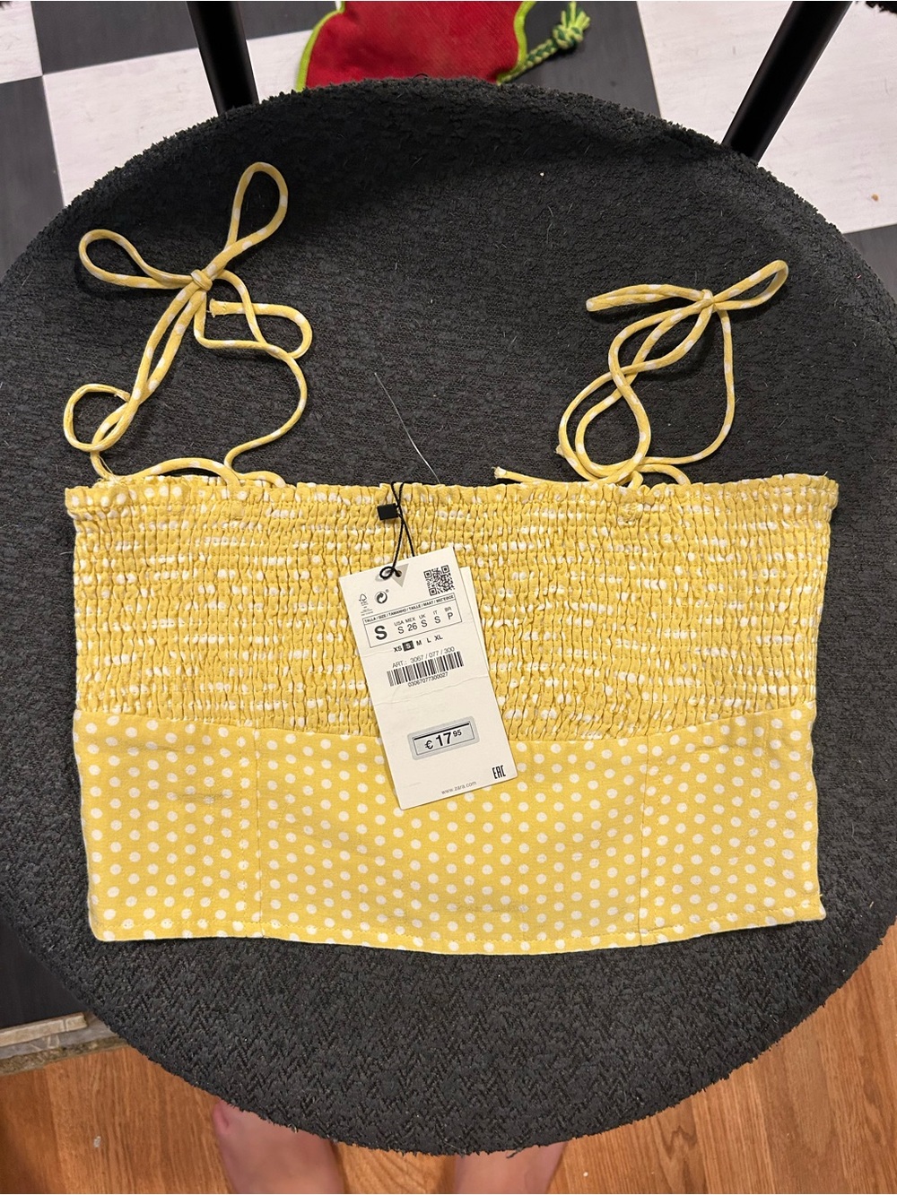 NWT Zara Yellow Polka Dot Smocked Crop Top with Tie Straps
